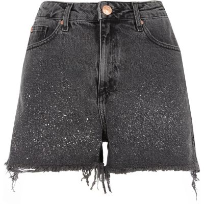 Black washed paint splatter denim shorts